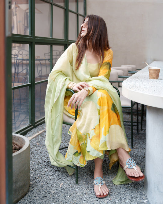 Yellow Floral Printed Anarkali Suit