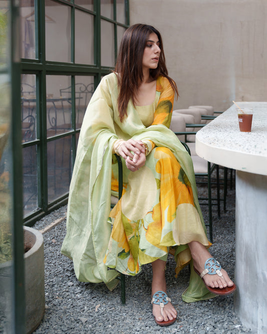 Yellow Floral Printed Anarkali Suit